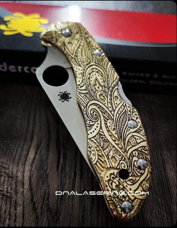il_fullxfull.5874146262_f8jd.jpg Paisley Leaf - Spyderco Delica - Relief Engraved Brass Scales - Polished - Flytanium Gear - Optional Knife w/ Backspacer, Hardware & Clip