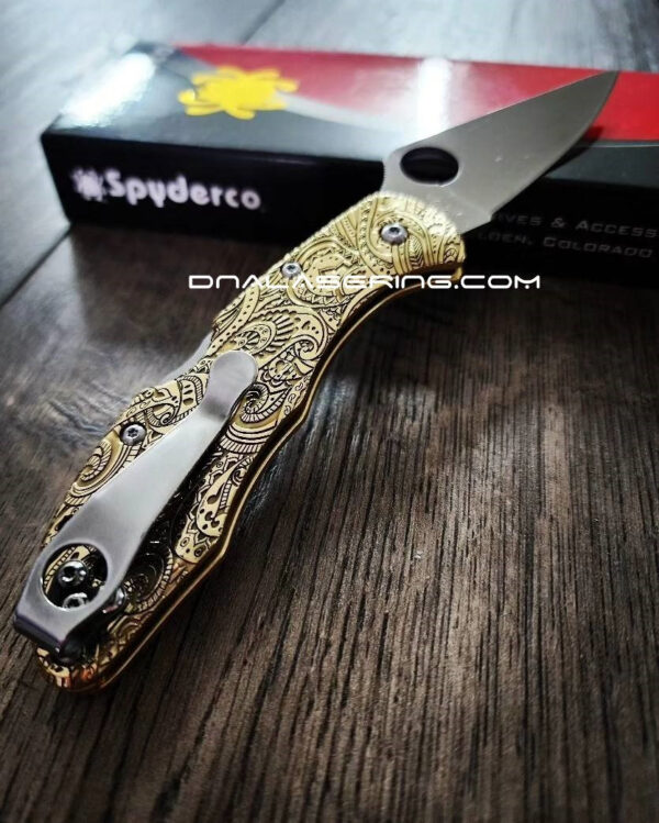 il_fullxfull.5874146264_25e1.jpg Paisley Leaf - Spyderco Delica - Relief Engraved Brass Scales - Polished - Flytanium Gear - Optional Knife w/ Backspacer, Hardware & Clip