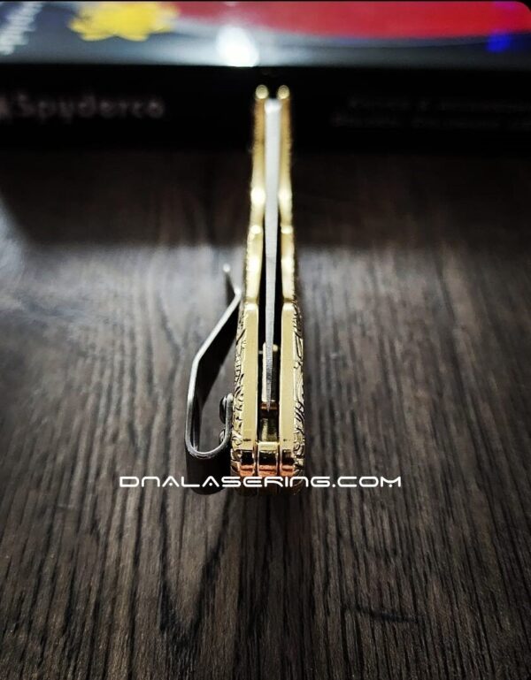 il_fullxfull.5874146270_c7yp.jpg Paisley Leaf - Spyderco Delica - Relief Engraved Brass Scales - Polished - Flytanium Gear - Optional Knife w/ Backspacer, Hardware & Clip