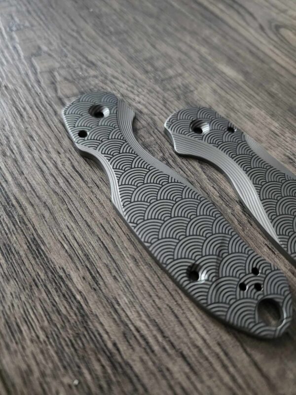 il_fullxfull.5879641235_3l29.jpg PM3 Lotus with Seigaiha Waves Engraved -Titanium Scales for Spyderco Paramilitary 3 - Bead Blasted - Flytanium Gear - Knife Install Optional
