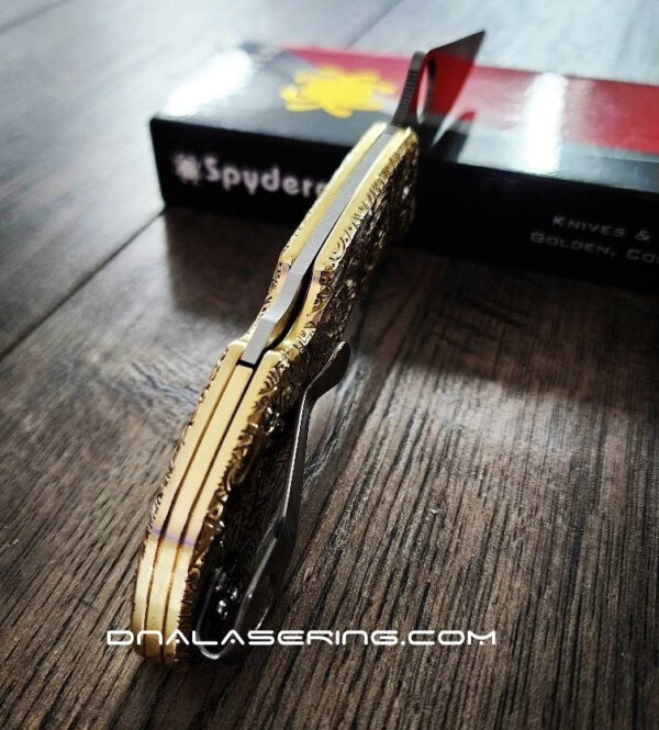 il_fullxfull.5922232841_mzx4.jpg Paisley Leaf - Spyderco Delica - Relief Engraved Brass Scales - Polished - Flytanium Gear - Optional Knife w/ Backspacer, Hardware & Clip