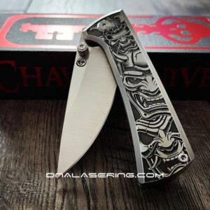 il_fullxfull.5953474365_16q4.jpg Chaves Knives Relief Engraved RCK9 With Samurai Devil Mask Theme !! Titanium - M390 steel - COMPLETE KNIFE!! With Extra clip - New in box