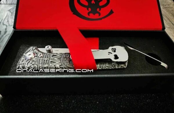 il_fullxfull.5961157086_1c2q.jpg Chaves Knives - Relief Engraved RCK9 - Titanium Scales - Dead Aztec Theme - M390 Steel - COMPLETE KNIFE!! With Extra Clip - New in Box