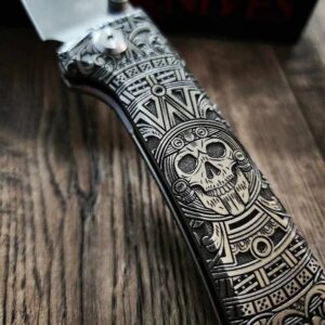 Chaves Knives - Relief Engraved RCK9 - Titanium Scales - Dead Aztec Theme - M390 Steel - COMPLETE KNIFE!! With Extra Clip - New in Box