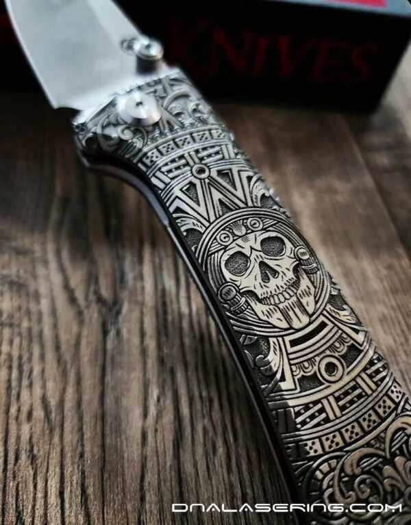 il_fullxfull.5961157300_cqvh.jpg Chaves Knives - Relief Engraved RCK9 - Titanium Scales - Dead Aztec Theme - M390 Steel - COMPLETE KNIFE!! With Extra Clip - New in Box