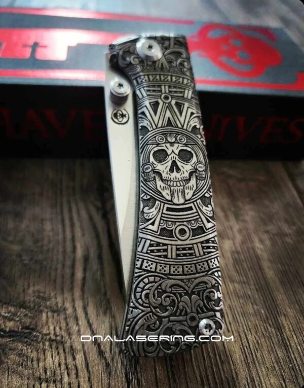 il_fullxfull.5961157370_l0iy.jpg Chaves Knives - Relief Engraved RCK9 - Titanium Scales - Dead Aztec Theme - M390 Steel - COMPLETE KNIFE!! With Extra Clip - New in Box
