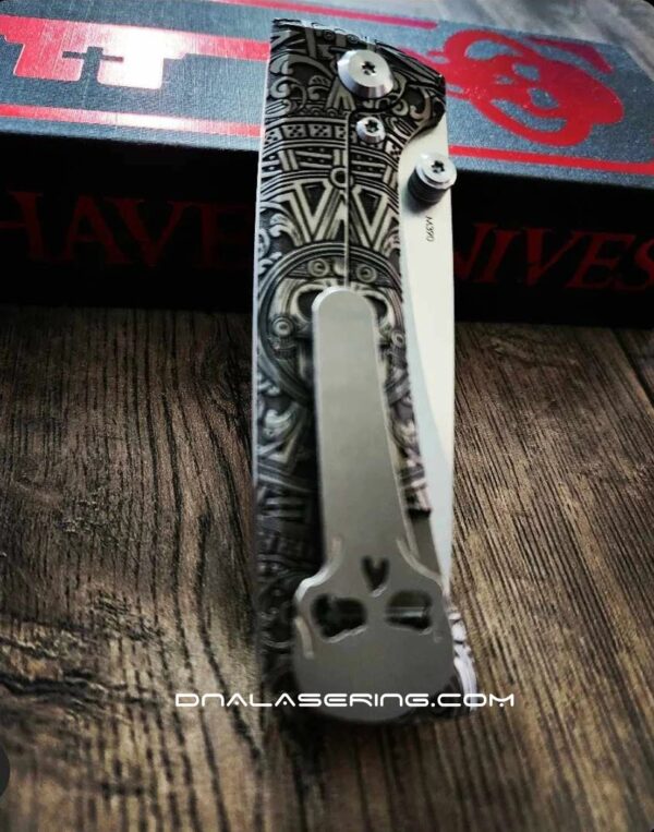 il_fullxfull.6009231865_87my.jpg Chaves Knives - Relief Engraved RCK9 - Titanium Scales - Dead Aztec Theme - M390 Steel - COMPLETE KNIFE!! With Extra Clip - New in Box