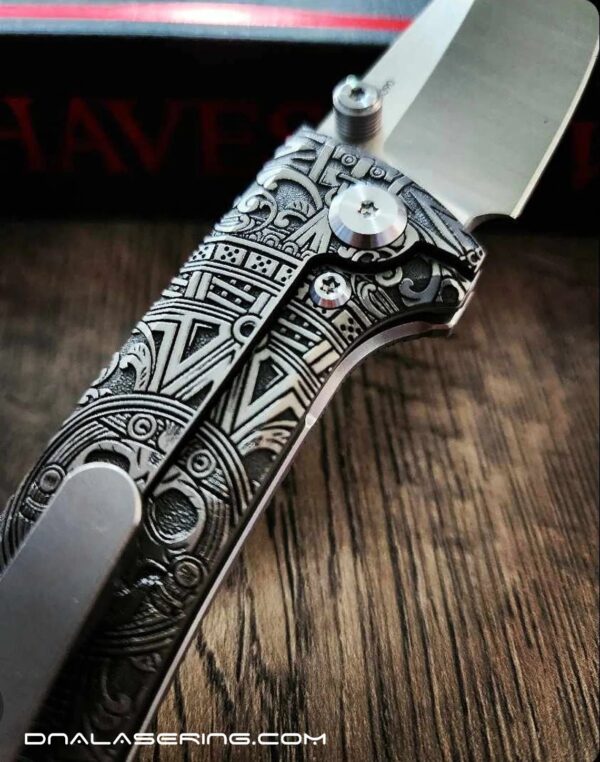 il_fullxfull.6009231893_o8lt.jpg Chaves Knives - Relief Engraved RCK9 - Titanium Scales - Dead Aztec Theme - M390 Steel - COMPLETE KNIFE!! With Extra Clip - New in Box