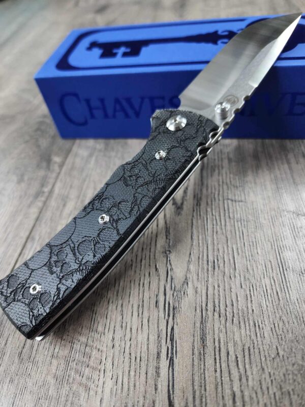 il_fullxfull.6516887490_iu8j.jpg Chaves Redencion 229 Black Micarta Laser Engraved Skull Pattern and Skull clip! COMPLETE KNIFE - 3.50" Satin ELMAX Blade - New In Box
