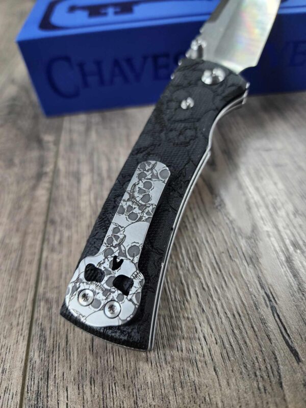 il_fullxfull.6516887728_d6d9.jpg Chaves Redencion 229 Black Micarta Laser Engraved Skull Pattern and Skull clip! COMPLETE KNIFE - 3.50" Satin ELMAX Blade - New In Box