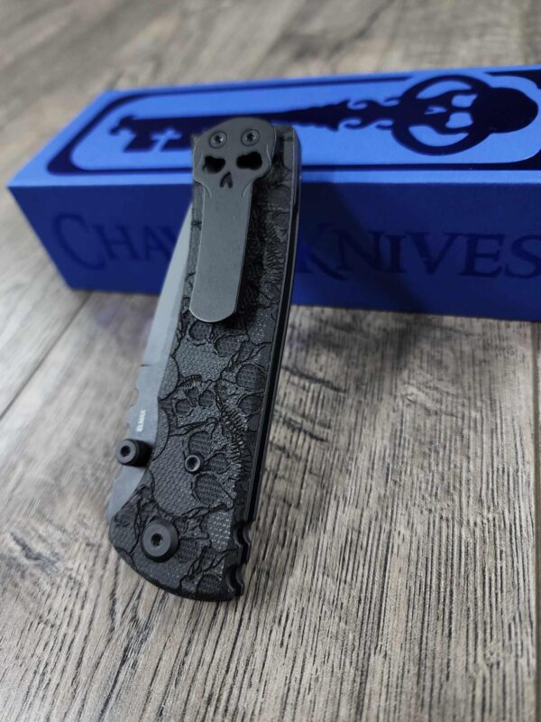 il_fullxfull.6528457614_5g7v.jpg Blacked out Chaves Redencion 229 Black Micarta Laser Engraved Skull Pattern COMPLETE KNIFE - Black ELMAX Blade - Drop Point & Tanto Options