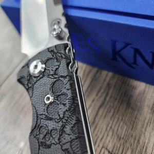 il_fullxfull.6565009737_fiwq.jpg Chaves Redencion 229 Black Micarta Laser Engraved Skull Pattern and Skull clip! COMPLETE KNIFE - 3.50" Satin ELMAX Blade - New In Box