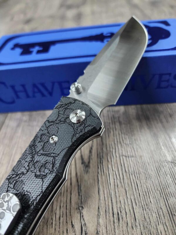 il_fullxfull.6565010335_pgcj.jpg Chaves Redencion 229 Black Micarta Laser Engraved Skull Pattern and Skull clip! COMPLETE KNIFE - 3.50" Satin ELMAX Blade - New In Box