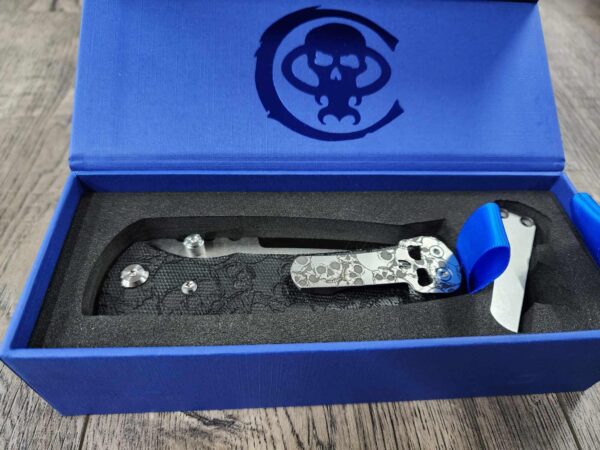 il_fullxfull.6565010813_tt4a.jpg Chaves Redencion 229 Black Micarta Laser Engraved Skull Pattern and Skull clip! COMPLETE KNIFE - 3.50" Satin ELMAX Blade - New In Box