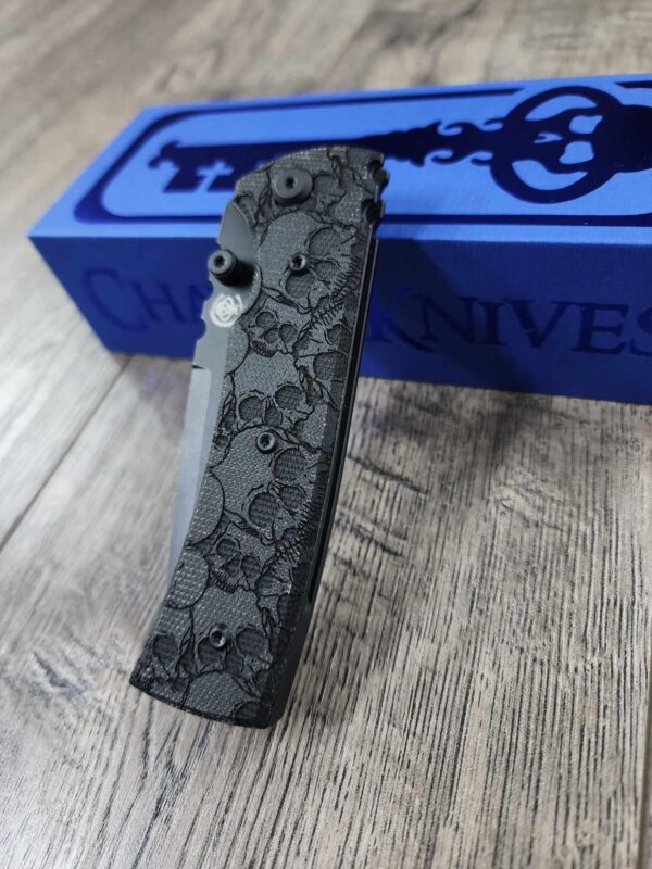 il_fullxfull.6576579795_2fnv.jpg Blacked out Chaves Redencion 229 Black Micarta Laser Engraved Skull Pattern COMPLETE KNIFE - Black ELMAX Blade - Drop Point & Tanto Options