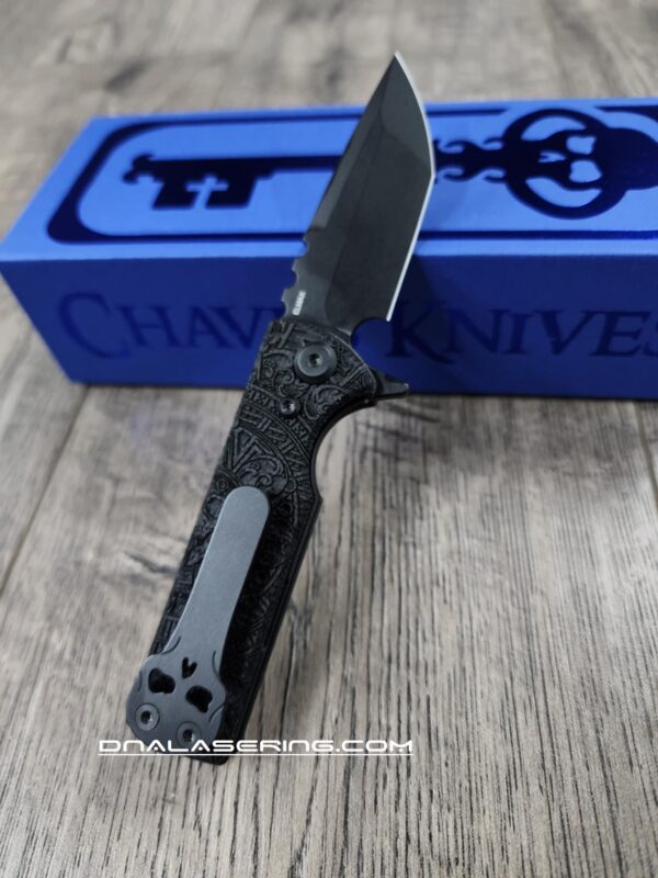 il_fullxfull.6726833986_nog4.jpg Chaves Knives TAK Flipper Knife - Engraved Dead Aztec - Black Micarta 2.75" - Tanto or Drop Point Blade Option - Complete Knife - EDC