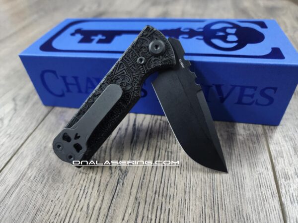 il_fullxfull.6729080008_84ax.jpg Chaves Knives TAK Flipper Knife - Engraved Dead Aztec - Black Micarta 2.75" - Tanto or Drop Point Blade Option - Complete Knife - EDC