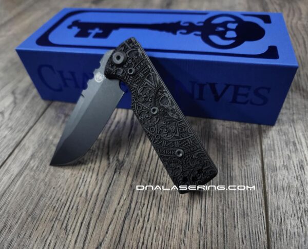 il_fullxfull.6729080144_2y1e.jpg Chaves Knives TAK Flipper Knife - Engraved Dead Aztec - Black Micarta 2.75" - Tanto or Drop Point Blade Option - Complete Knife - EDC