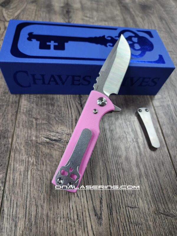 il_fullxfull.6766965457_eubw.jpg Chaves TAK Blue Label - Pink G-10 Scales - Complete Knife - Satin Elmax Blade - 2 Blade Style Options - New In Box