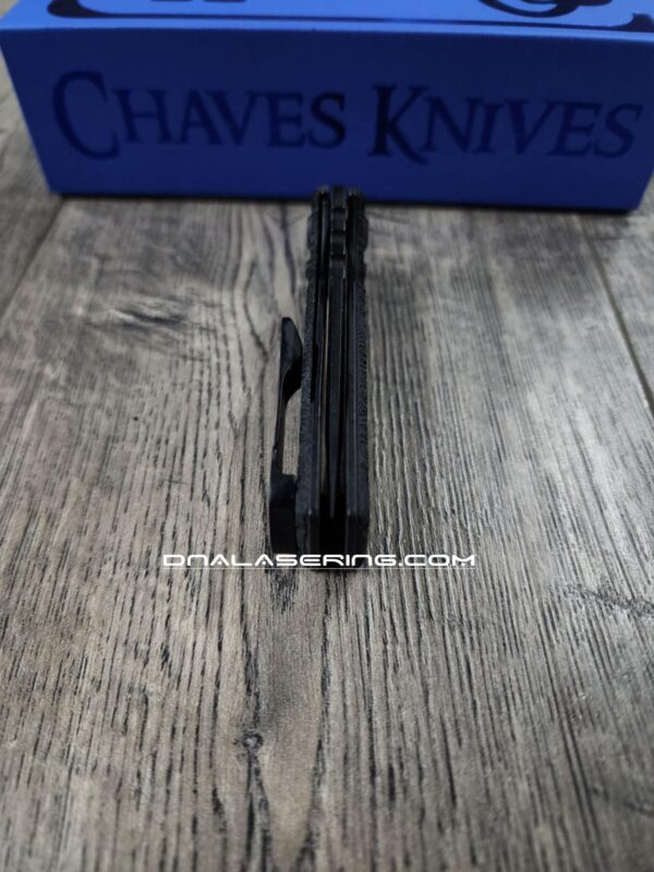 il_fullxfull.6774861595_f3f5.jpg Chaves Knives TAK Flipper Knife - Engraved Dead Aztec - Black Micarta 2.75" - Tanto or Drop Point Blade Option - Complete Knife - EDC