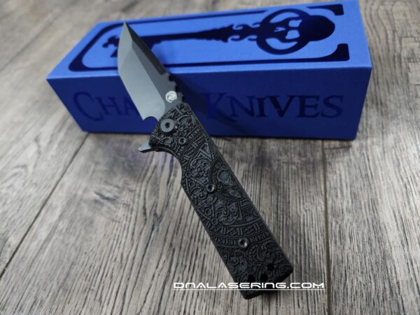 il_fullxfull.6774864953_nc9e.jpg Chaves Knives TAK Flipper Knife - Engraved Dead Aztec - Black Micarta 2.75" - Tanto or Drop Point Blade Option - Complete Knife - EDC