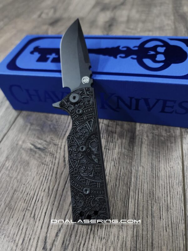 il_fullxfull.6777104739_lasl.jpg Chaves Knives TAK Flipper Knife - Engraved Dead Aztec - Black Micarta 2.75" - Tanto or Drop Point Blade Option - Complete Knife - EDC