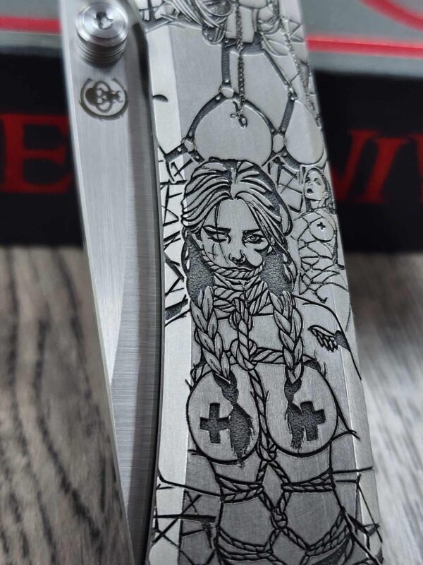 il_fullxfull.6787117172_risz.jpg Chaves Knives - Relief Engraved RCK9 - Titanium Scales - BDSM/Bondage Theme - M390 Steel - COMPLETE KNIFE!! With Extra Clip - New in Box
