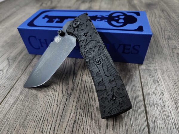 il_fullxfull.6787157620_p4c8.jpg Blacked out Chaves Redencion 229 Black Micarta Laser Engraved Skull KEY Design COMPLETE Knife- Black ELMAX Blade- Drop Point & Tanto Options