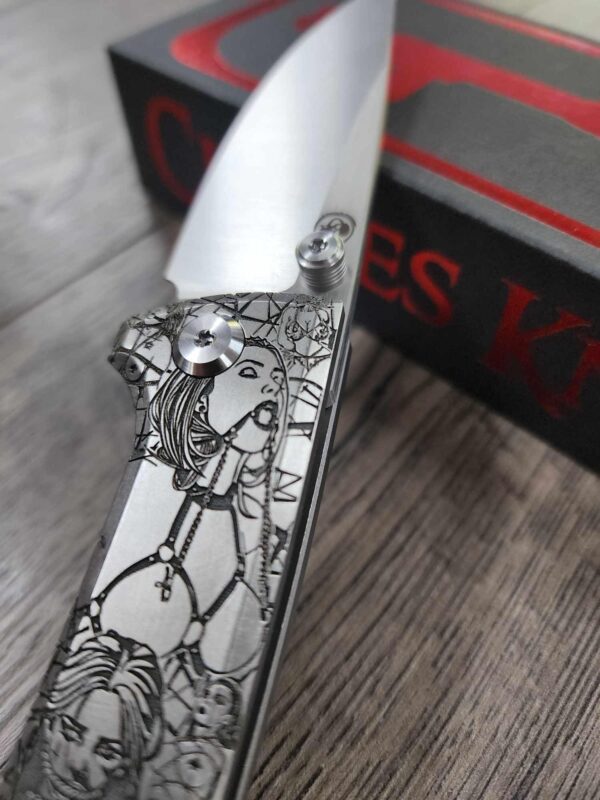 il_fullxfull.6835125477_t6re.jpg Chaves Knives - Relief Engraved RCK9 - Titanium Scales - BDSM/Bondage Theme - M390 Steel - COMPLETE KNIFE!! With Extra Clip - New in Box