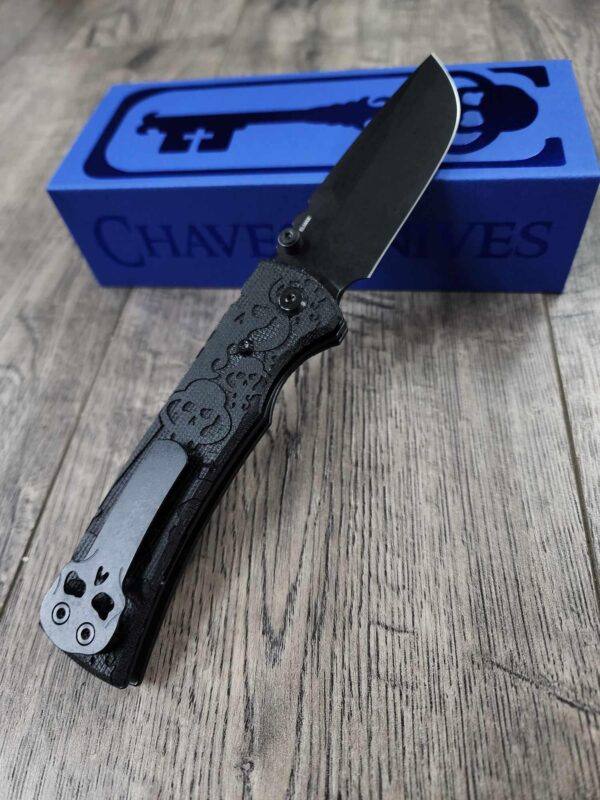 il_fullxfull.6835166765_26tc.jpg Blacked out Chaves Redencion 229 Black Micarta Laser Engraved Skull KEY Design COMPLETE Knife- Black ELMAX Blade- Drop Point & Tanto Options
