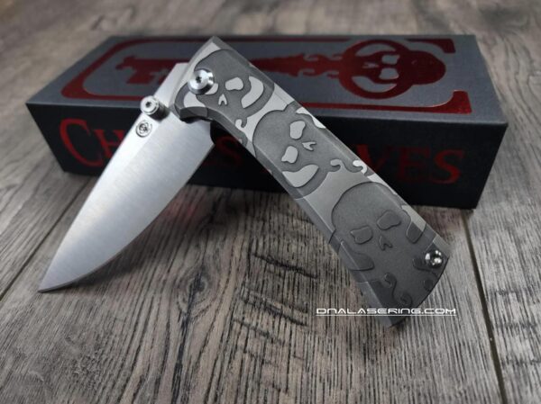il_fullxfull.6951773790_fcd3.jpg Chaves Knives - Relief Engraved RCK9 - Titanium Scales - Chaves Key Skull Theme - M390 Steel - COMPLETE KNIFE!! With Extra Clip - New in Box