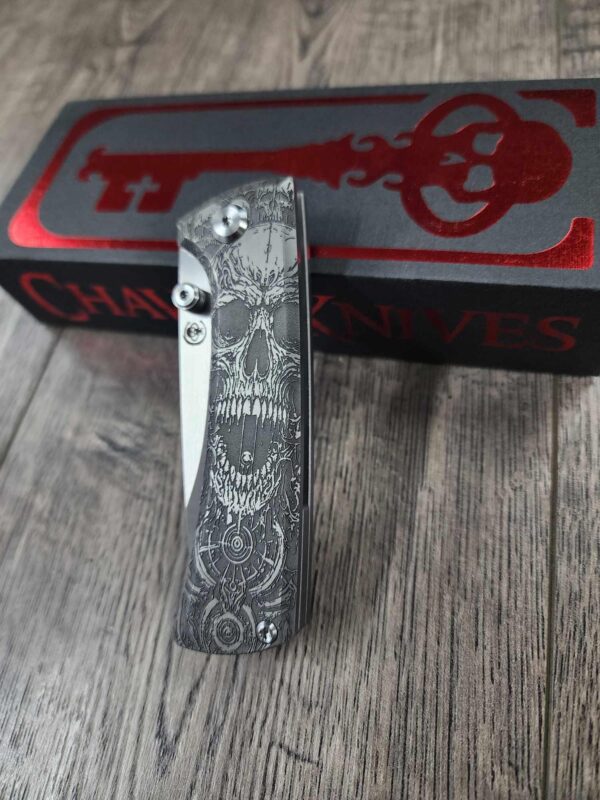 il_fullxfull.6954229477_evrf.jpg Chaves Knives - Relief Engraved RCK9 - Titanium Scales - Death Portal Theme - M390 Steel - COMPLETE KNIFE!! With Extra Clip - New in Box