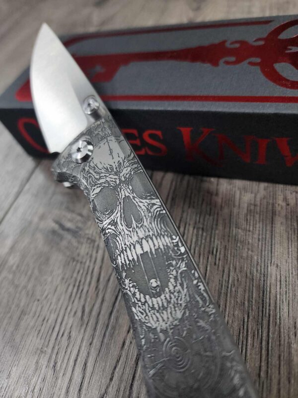 il_fullxfull.6954230045_jwji.jpg Chaves Knives - Relief Engraved RCK9 - Titanium Scales - Death Portal Theme - M390 Steel - COMPLETE KNIFE!! With Extra Clip - New in Box
