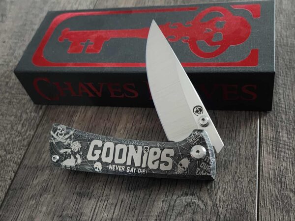 il_fullxfull.6974915248_adsl.jpg Chaves Knives - Relief Engraved RCK9 - Titanium Scales - GOONIES!! - M390 Steel - COMPLETE KNIFE!! With Extra Clip - New in Box