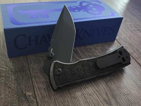 il_fullxfull.6979504566_bnkg.jpg Blacked out Chaves Redencion 229 Black Micarta Laser Engraved Seigaiha Waves COMPLETE KNIFE - Black ELMAX Blade - Drop Point & Tanto Options