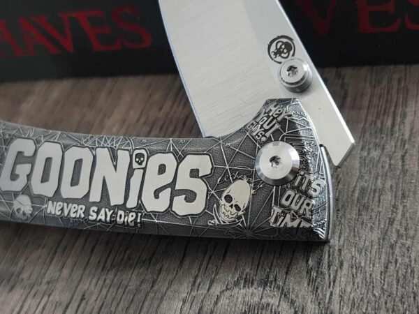 il_fullxfull.7022900551_p9ol.jpg Chaves Knives - Relief Engraved RCK9 - Titanium Scales - GOONIES!! - M390 Steel - COMPLETE KNIFE!! With Extra Clip - New in Box