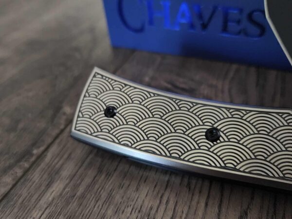 il_fullxfull.7027319631_bipw.jpg Chaves Redencion 229 - Seigaiha Relief Engraved Laser Engraved Titanium Scales - Knife Install Optional - 4 Blade Styles - New In Box