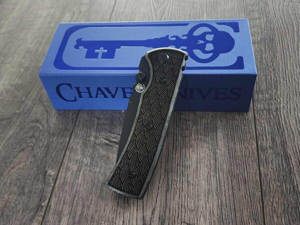 il_fullxfull.7027484029_hlnr.jpg Blacked out Chaves Redencion 229 Black Micarta Laser Engraved Seigaiha Waves COMPLETE KNIFE - Black ELMAX Blade - Drop Point & Tanto Options