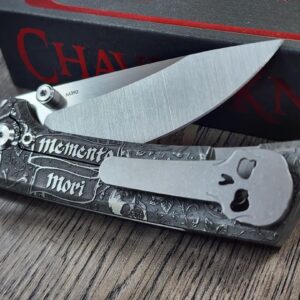 il_fullxfull.7046665156_muqr.jpg Chaves Knives - Relief Engraved RCK9 - Titanium Scales - Momento Mori - M390 Steel - COMPLETE KNIFE!! With Extra Clip - New in Box