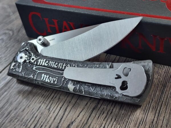 il_fullxfull.7046665156_muqr.jpg Chaves Knives - Relief Engraved RCK9 - Titanium Scales - Momento Mori - M390 Steel - COMPLETE KNIFE!! With Extra Clip - New in Box