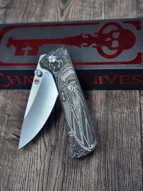 il_fullxfull.7094632349_7c7o.jpg Chaves Knives - Relief Engraved RCK9 - Titanium Scales - Momento Mori - M390 Steel - COMPLETE KNIFE!! With Extra Clip - New in Box