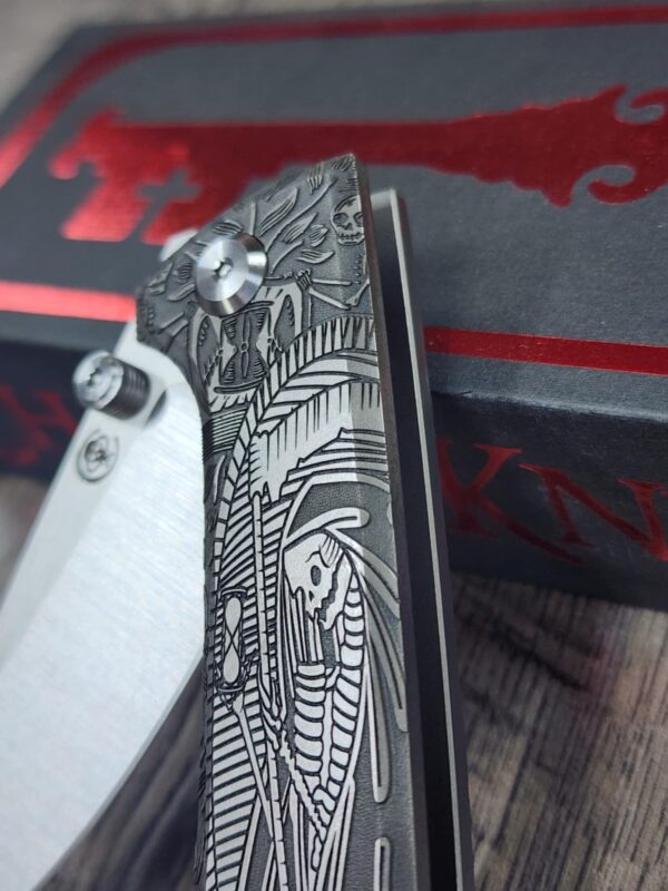 il_fullxfull.7094632815_ceor.jpg Chaves Knives - Relief Engraved RCK9 - Titanium Scales - Momento Mori - M390 Steel - COMPLETE KNIFE!! With Extra Clip - New in Box