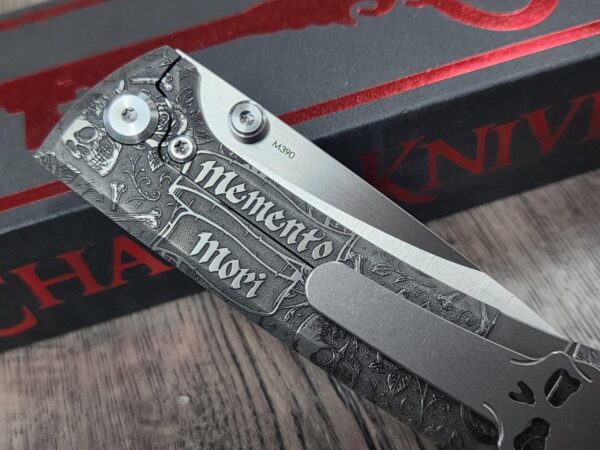 il_fullxfull.7094633257_klx5.jpg Chaves Knives - Relief Engraved RCK9 - Titanium Scales - Momento Mori - M390 Steel - COMPLETE KNIFE!! With Extra Clip - New in Box