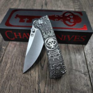 Chaves Knives - Relief Engraved RCK9 - Titanium Scales - Chaves Skull Aztec - M390 Steel - COMPLETE KNIFE!! With Extra Clip - New in Box