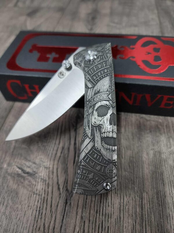 Chaves Knives Relief Engraved RCK9 With Viking Death Skull Theme !! Titanium - M390 steel - COMPLETE KNIFE!! With Extra clip - New in box
