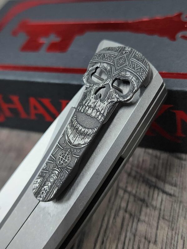 Chaves Knives Relief Engraved RCK9 With Viking Death Skull Theme !! Titanium - M390 steel - COMPLETE KNIFE!! With Extra clip - New in box