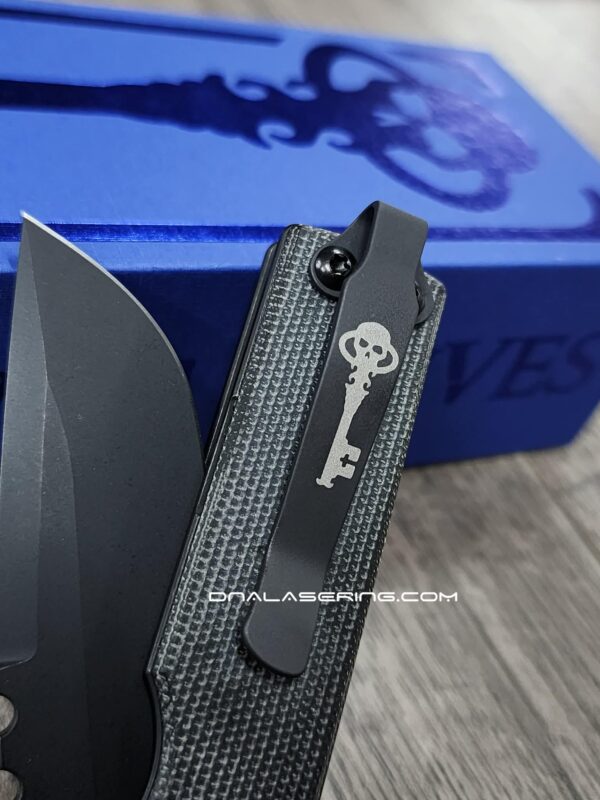 il_fullxfull.7501554898_6fw5.jpg LynchNW Chaves Model A - Laser Engraved Skull Key - Titanium Deep Carry Pocket Clip - Beadblasted or Blacksmith Finish - Made In USA
