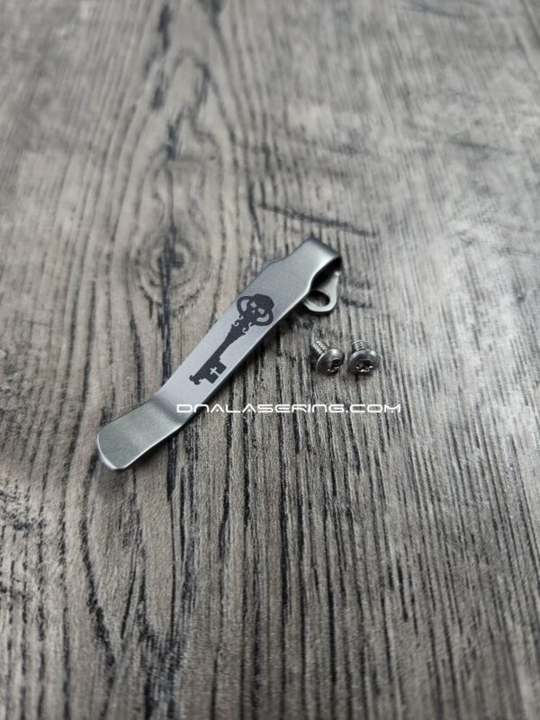 il_fullxfull.7501554916_geks.jpg LynchNW Chaves Model A - Laser Engraved Skull Key - Titanium Deep Carry Pocket Clip - Beadblasted or Blacksmith Finish - Made In USA