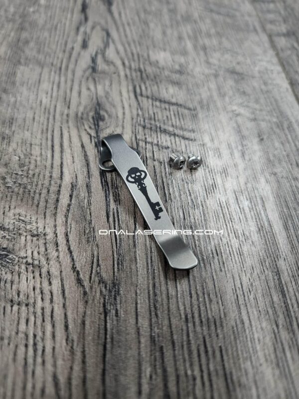 il_fullxfull.7501554918_tmvd.jpg LynchNW Chaves Model A - Laser Engraved Skull Key - Titanium Deep Carry Pocket Clip - Beadblasted or Blacksmith Finish - Made In USA