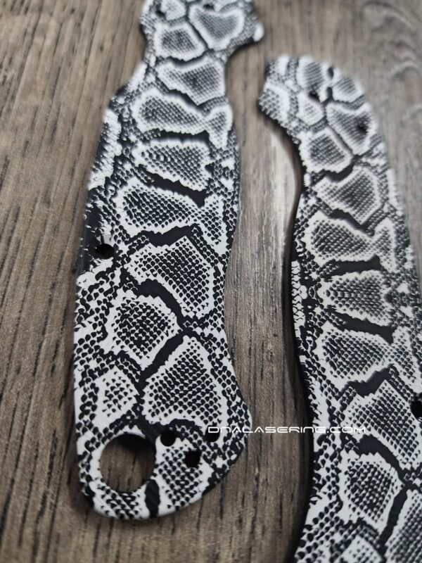 il_fullxfull.7853888785_sbxs.jpg Spyderco PM2 Loop Scales - Laser Engraved Snakeskin Pattern - Aluminum Void Black Scales - Flytanium Gear - Knife & Hardware Optional